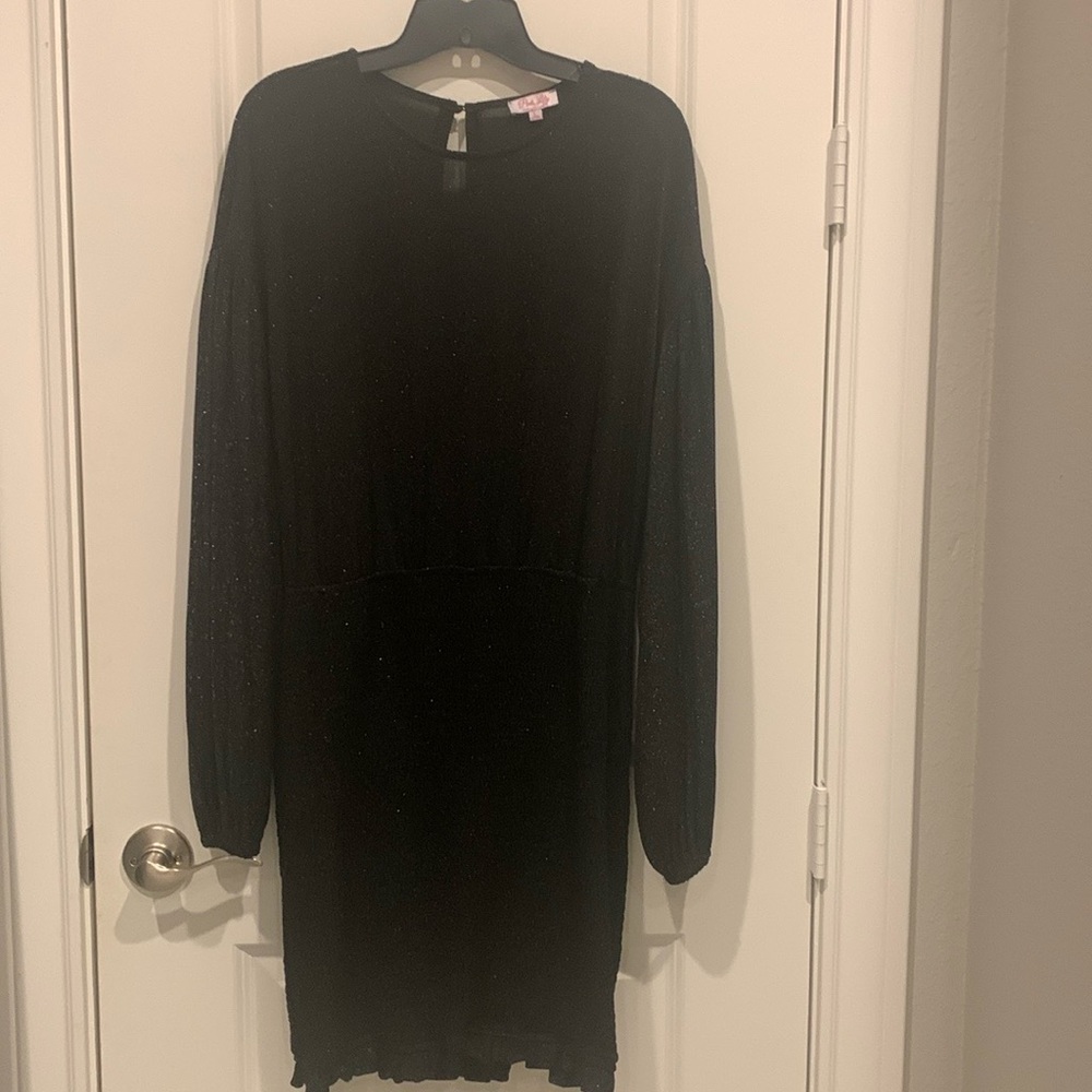 #65 Pink Lily, Black Sparkly, Midi dress, Size L, Smocking.